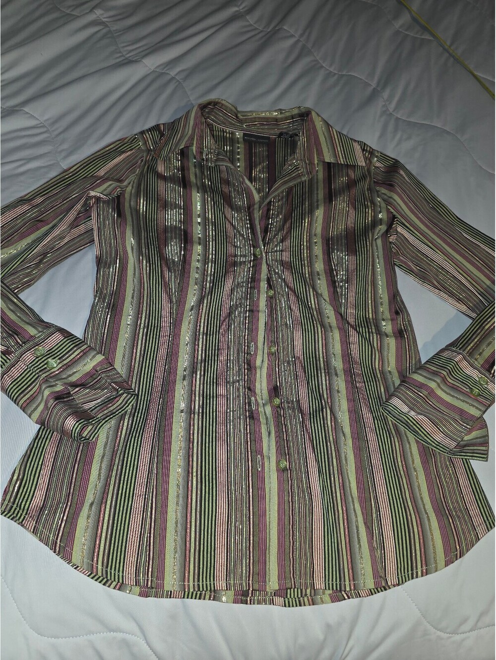 Women’s New York And Company Stretch Button Up Stripped Green Pink Gold M